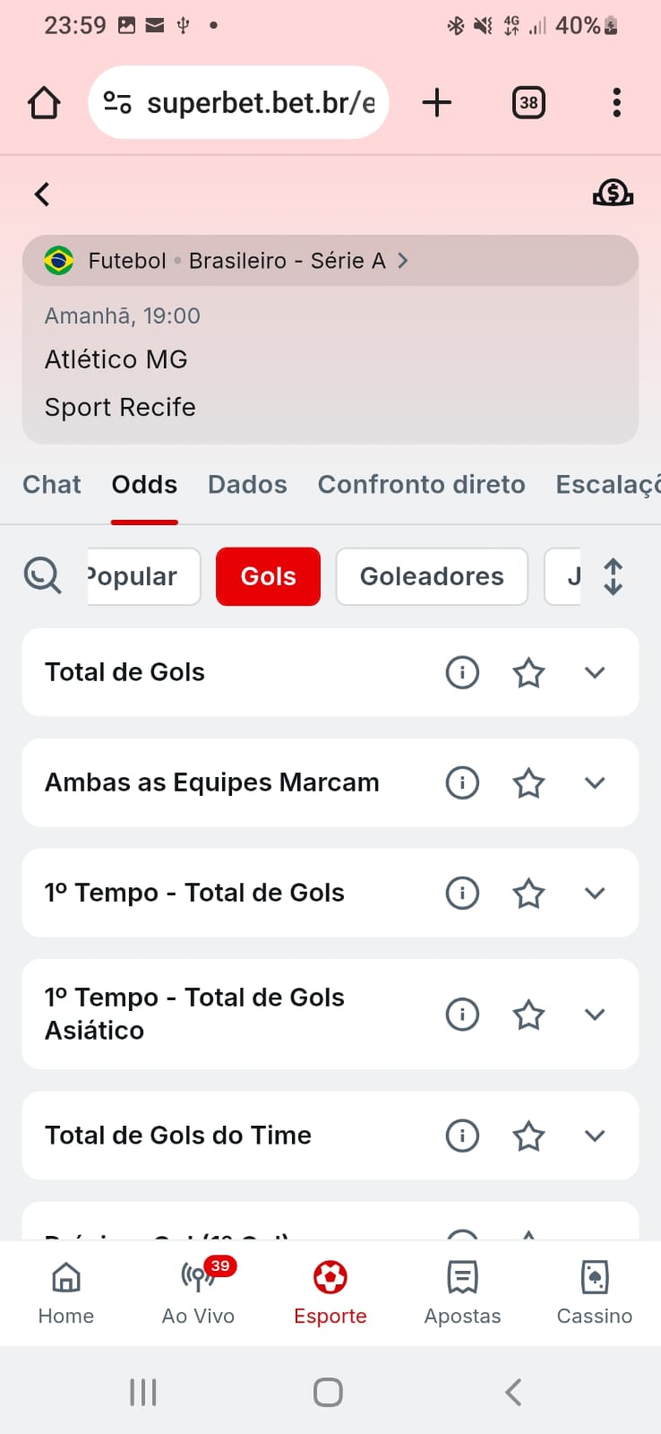 Captura de tela dos mercados de apostas em 1.5 gols na Superbet.