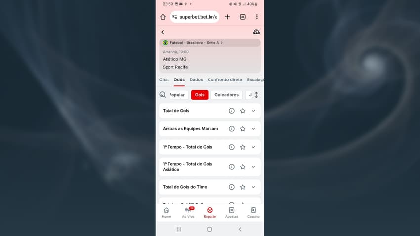Captura de tela dos mercados de apostas em 1.5 gols na Superbet