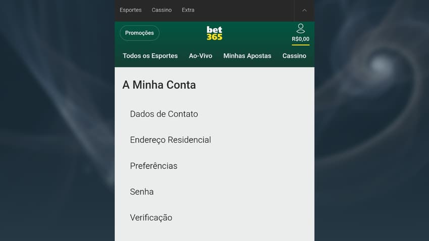 Captura de tela da aba minha conta na Bet365 com opções de senha, dados de contato e verificação de identidade