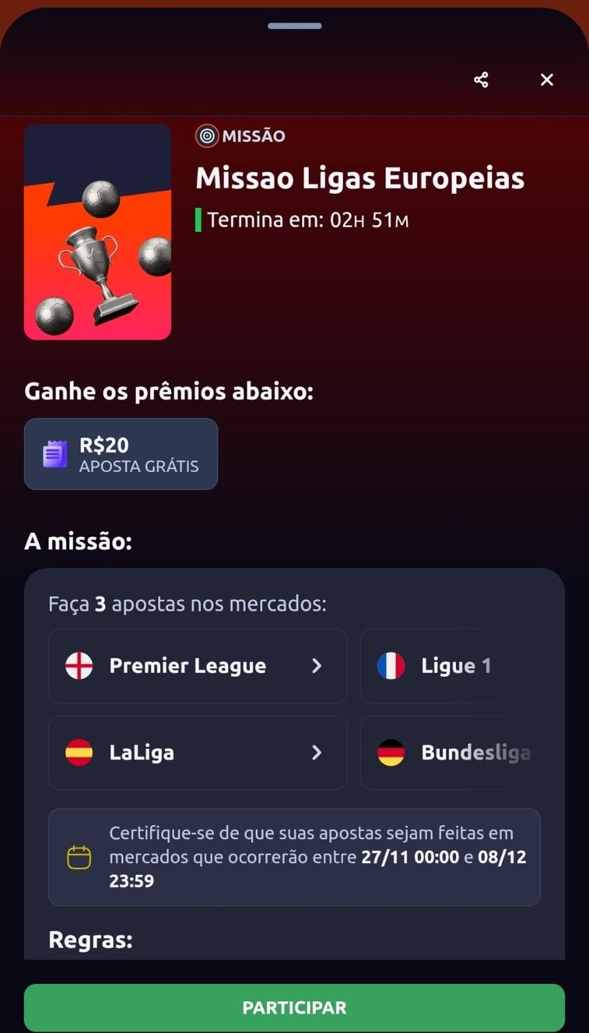 Captura de tela da Missão Betano para as Ligas Europeias com aposta grátis de R$20.