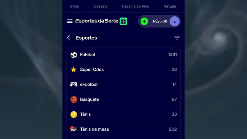 Captura de tela das modalidades da Esportes da Sorte