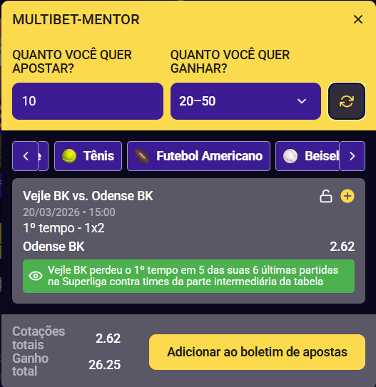 Ferramenta Multibet Mentor sugerindo aposta com odds e previsão de ganho