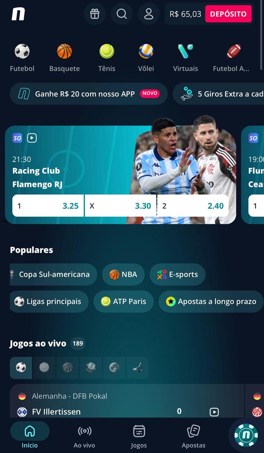 Captura da tela de apostas esportivas na Novibet.