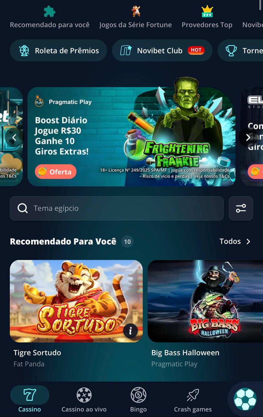 Captura da tela de cassino com o código promocional Novibet ativado.