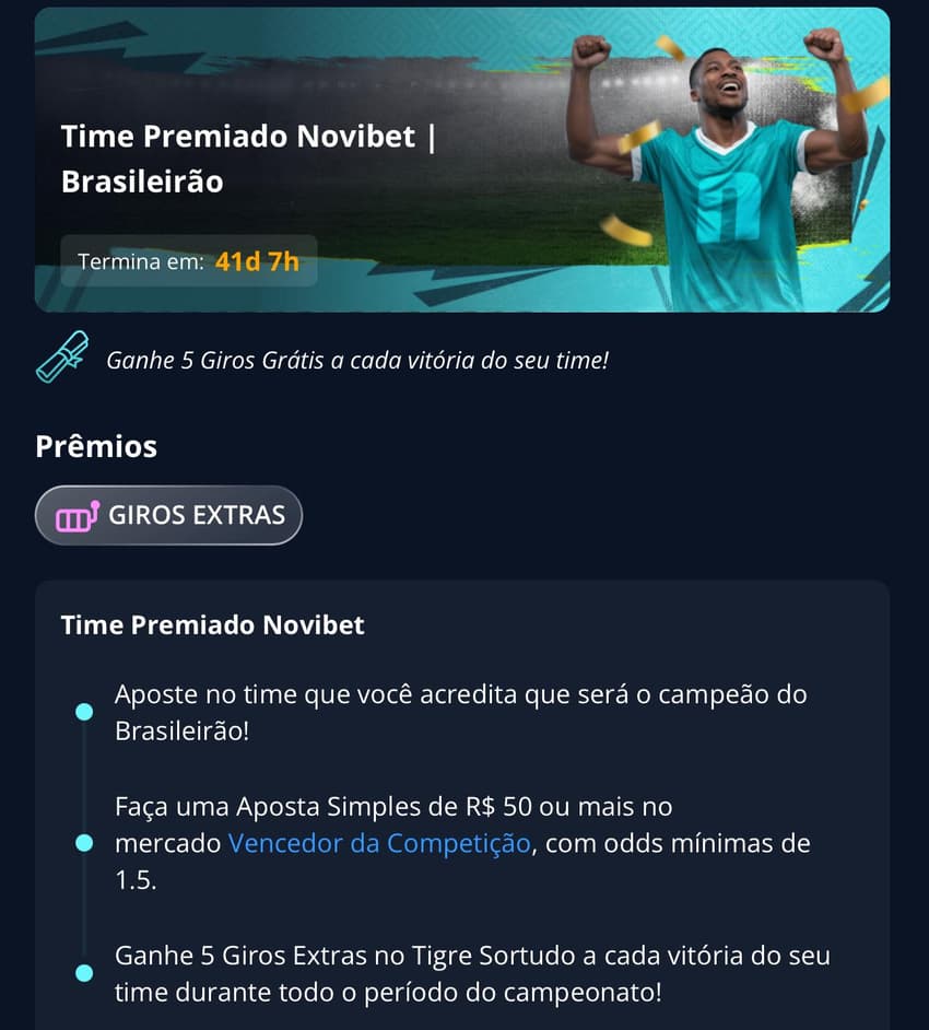 Captura de tela da promoção Time Premiado Novibet.