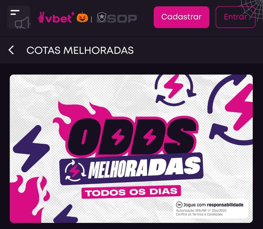 Captura de tela da promoção V-Odds, que traz odds aumentadas para esportes