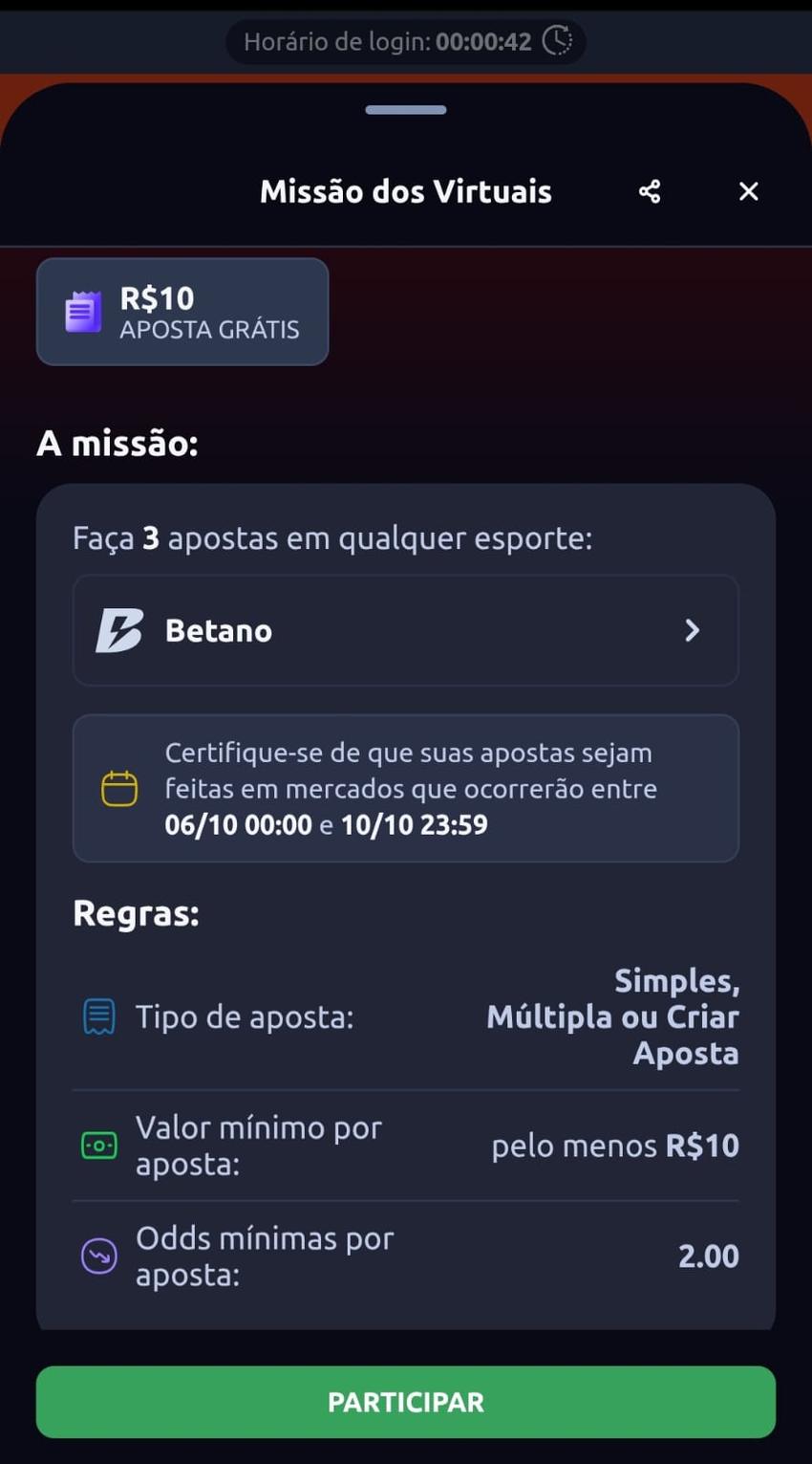 Captura de tela da página da oferta de missões na Betano.