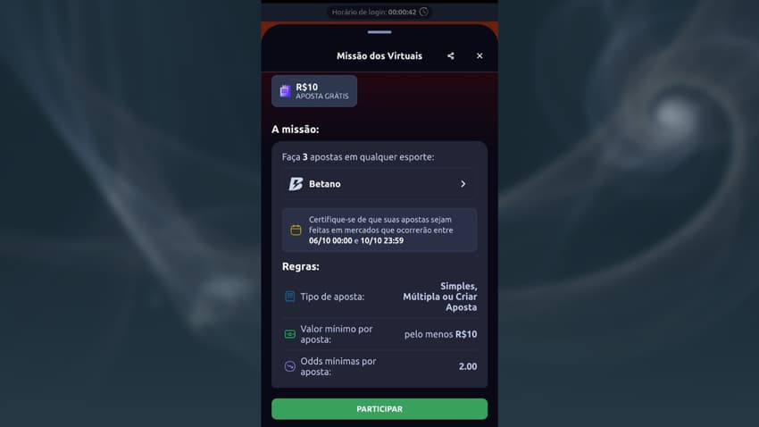 Captura de tela da página da oferta de missões na Betano
