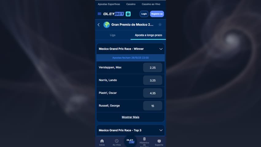 Mercados de Fórmula 1 na Stake disponível para o GP do México, Brasil e Las Vegas.