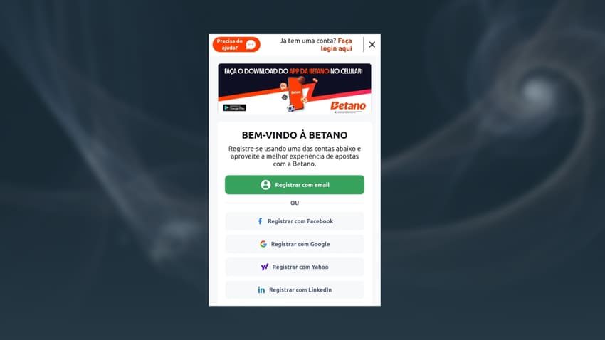 Captura de tela da página inicial de cadastro na Betano