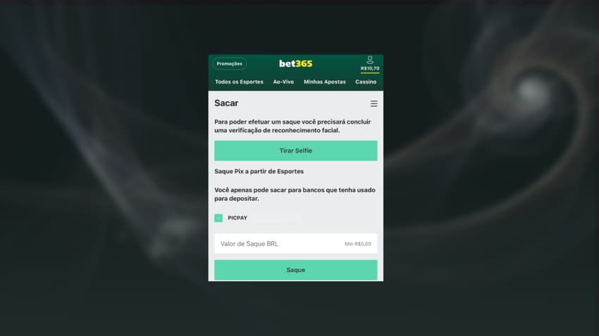 Captura da tela do saque Bet365