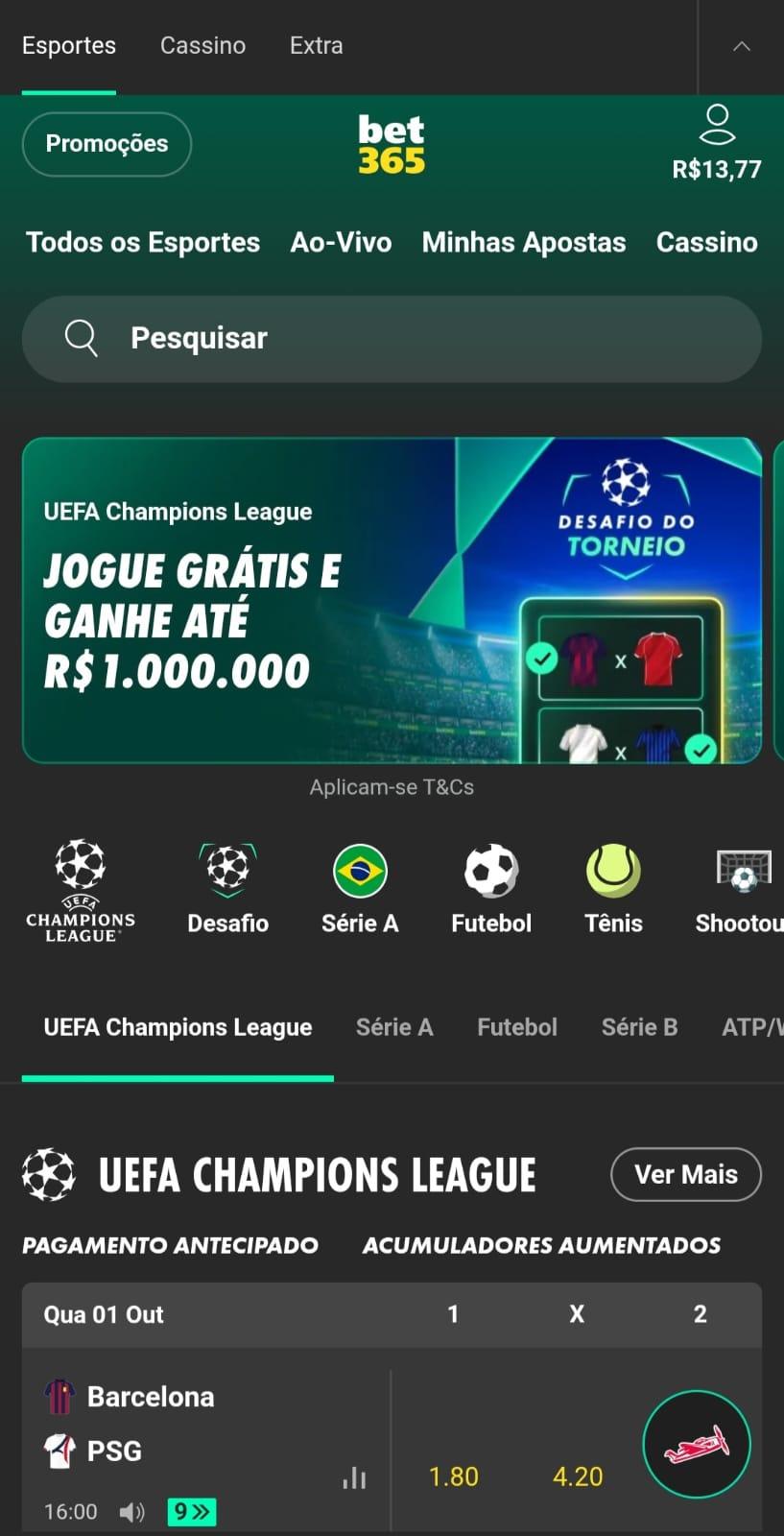 Captura da tela inicial da Bet365