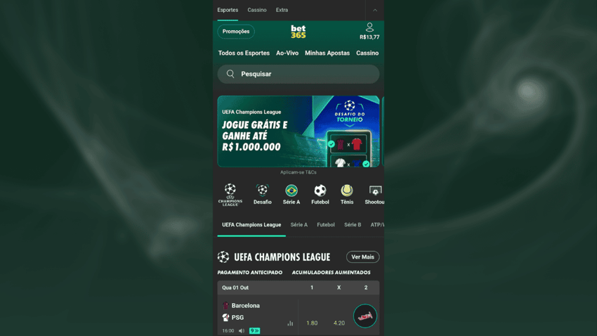 Captura da tela inicial da Bet365