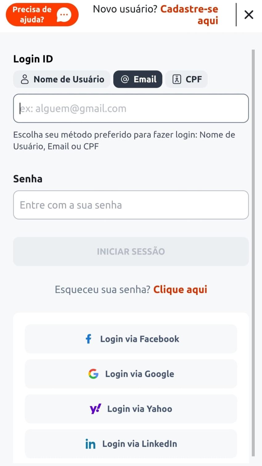 Captura de tela da página de login na Betano