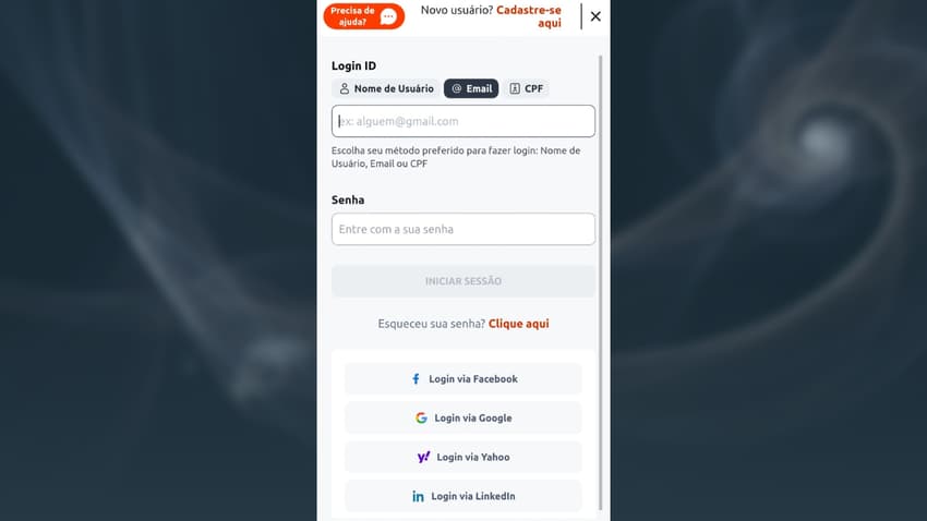 Captura de tela da página de login na Betano