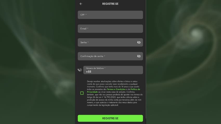 Captura de tela do registro na Luva Bet Apostas