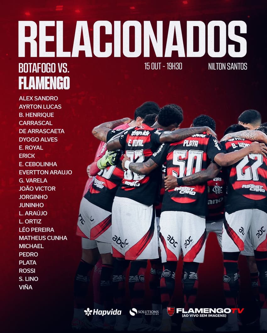 Relacionados do Flamengo para o jogo contra o Botafogo