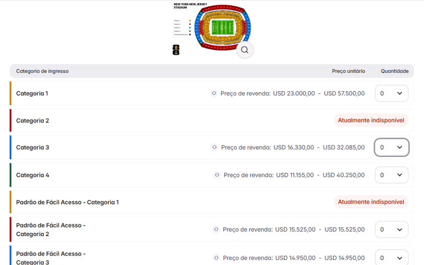 Plataforma de revenda de ingressos da Copa do Mundo conta com preços exorbitantes