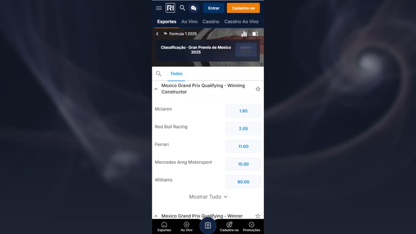Mercados de apostas em Construtor Vencedor do GP de Fórmula 1 do México na casa de apostas Rivalo.