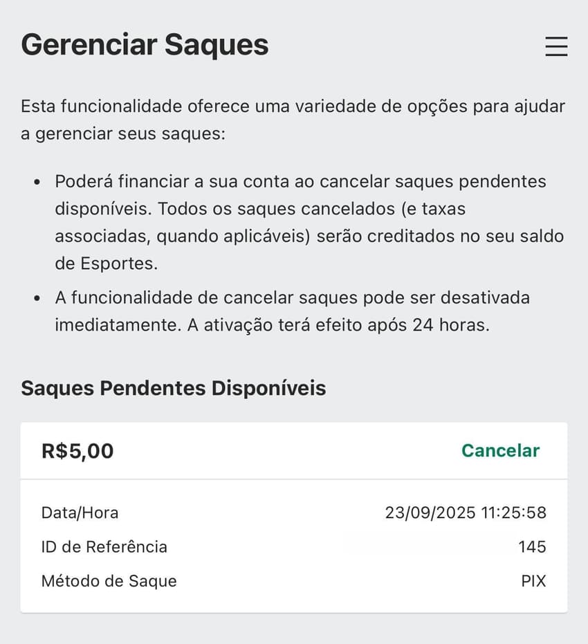 Captura da tela do gerenciador do saque Bet365