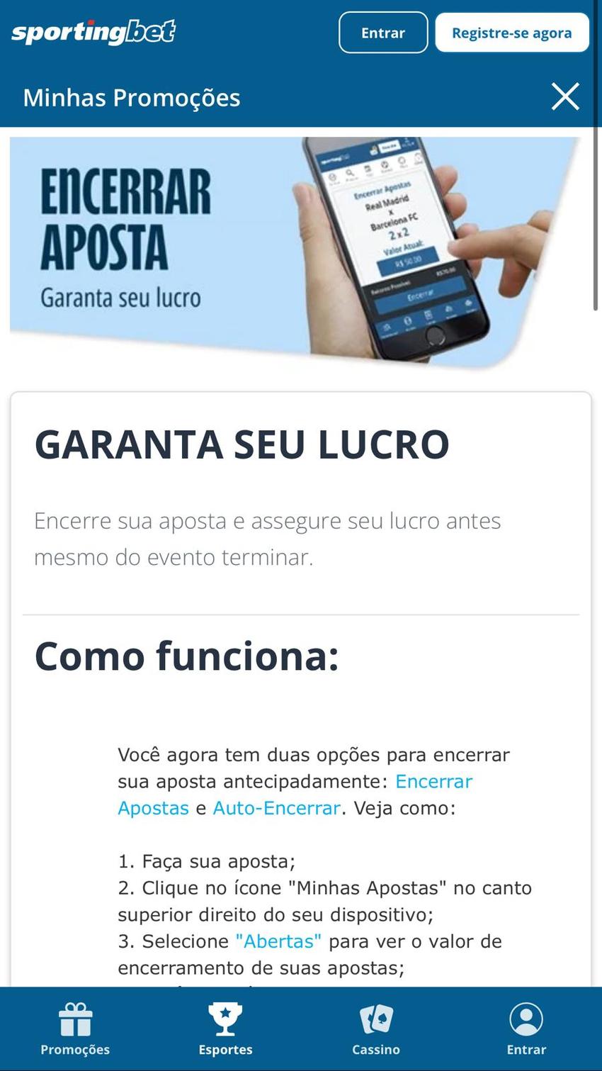 Captura da tela de Encerrar Aposta na Sportingbet, que tem linhas de 1.5 gols.