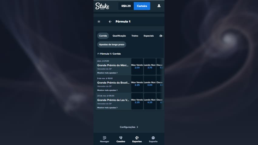 Mercados de Fórmula 1 na Stake disponível para o GP do México, Brasil e Las Vegas.