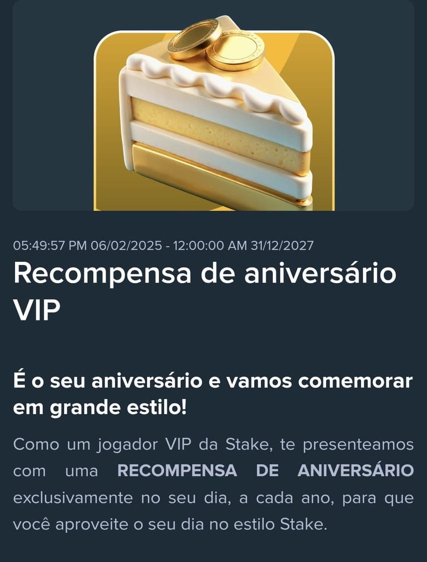 Captura de tela da oferta de Presente de Aniversário disponível na página oficial da Stake.