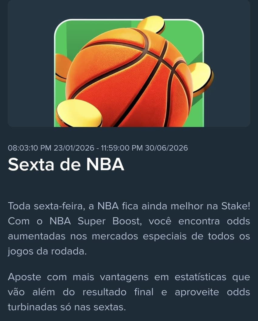 Captura de tela da oferta Sexta de NBA na Stake com detalhes do funcionamento da promoção semanal.