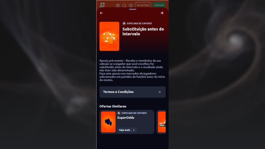 Substituição antes do intervalo na Betano