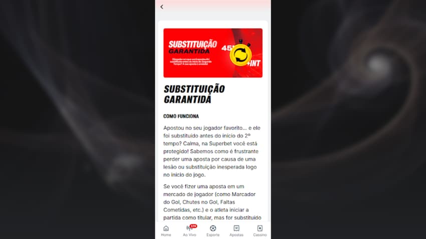 Substituição garantida na Superbet se o jogador for substituído antes do 2º tempo