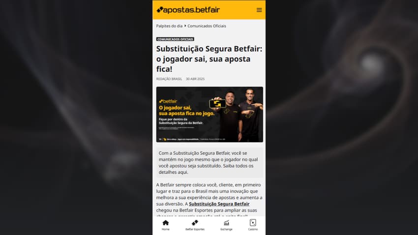 Substituição Segura na Betfair até o final do tempo regulamentar