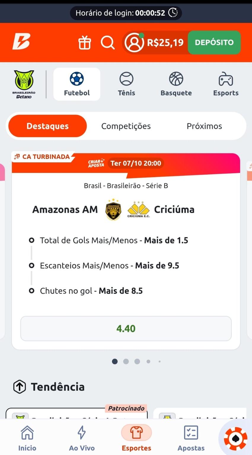 Captura de tela das apostas em total de gols no jogo Botafogo x Flamengo na Bet365.