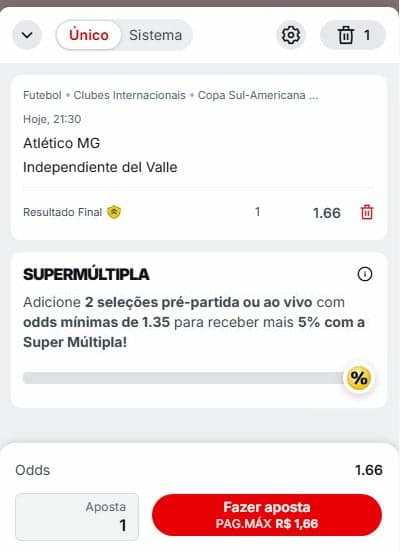 Captura de tela exibe cupom de aposta com o código de indicação Superbet ativado.