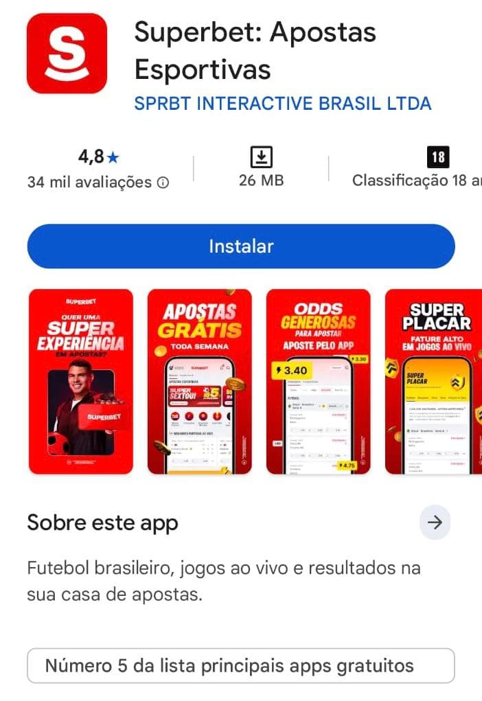 Captura de tela do aplicativo da Superbet na Play Store.