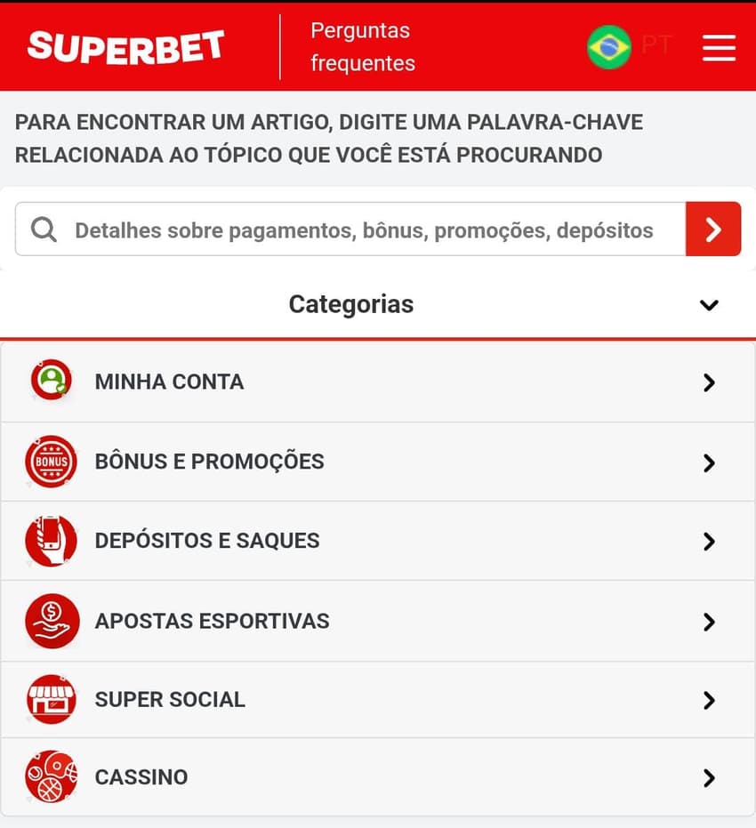 Captura de tela da central de ajuda Superbet.