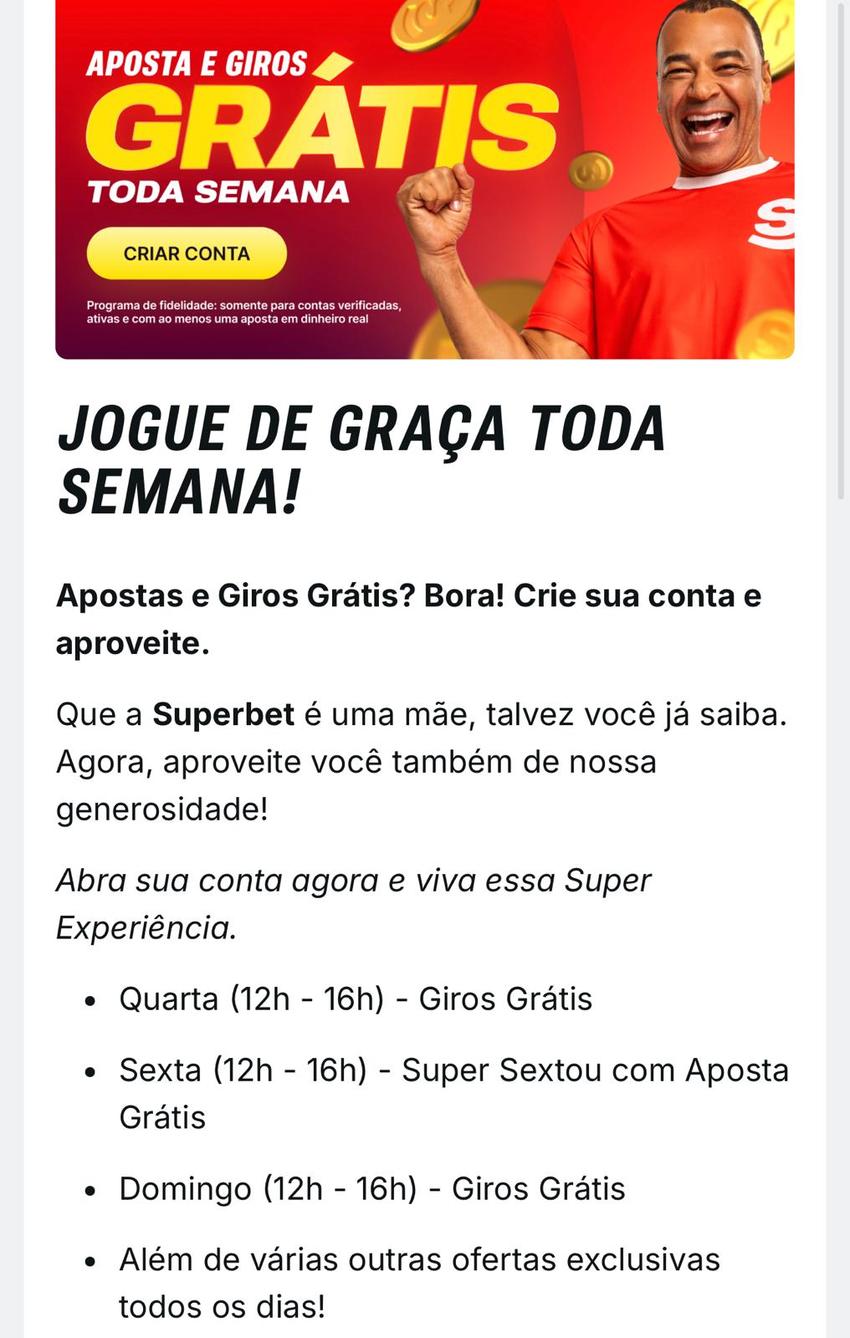 Captura de tela da promoção de apostas e giros grátis na Superbet.