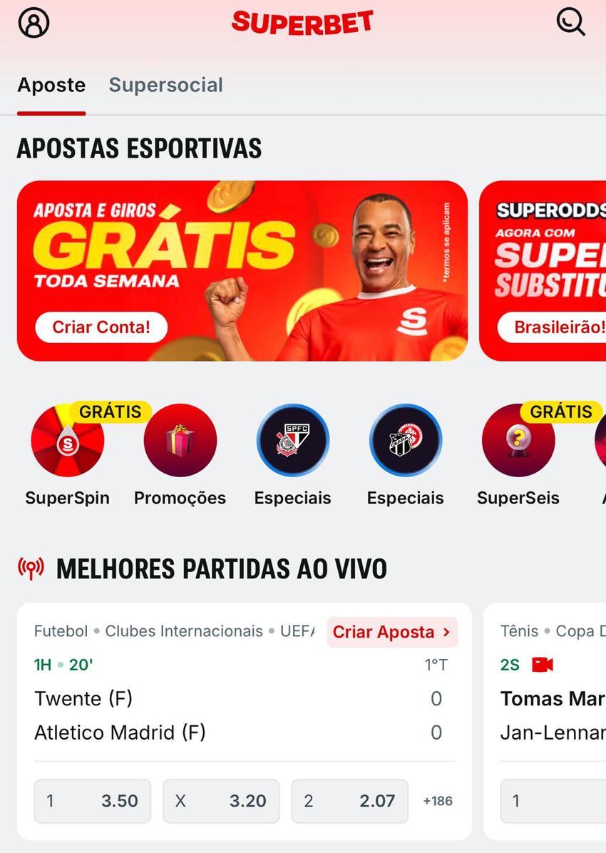 Captura da tela da Superbet, com promoção de apostas e giros grátis.