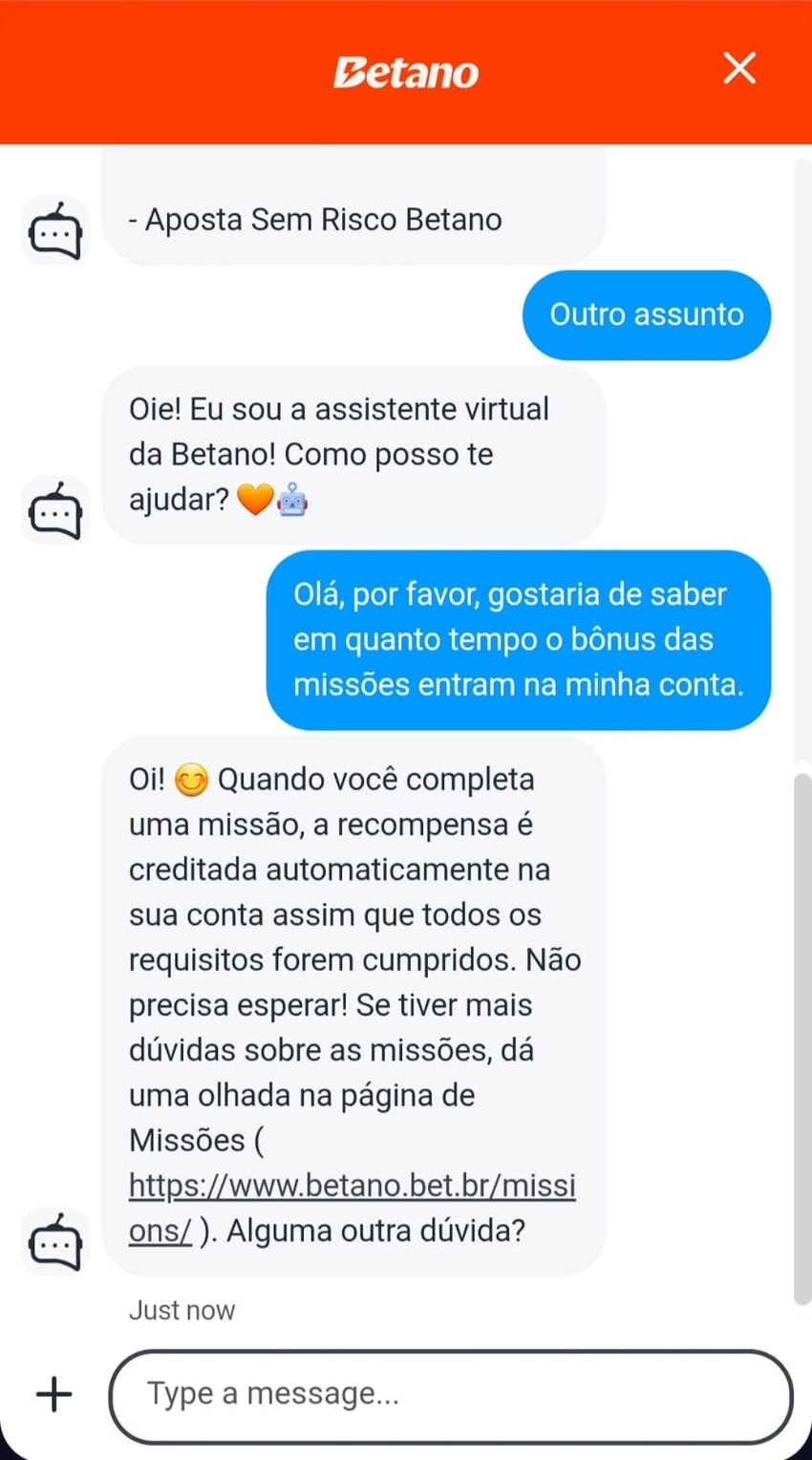 Captura de tela do chat ao vivo da Betano