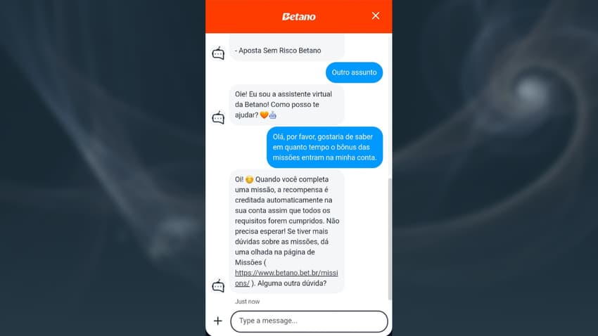 Captura de tela do chat ao vivo da Betano