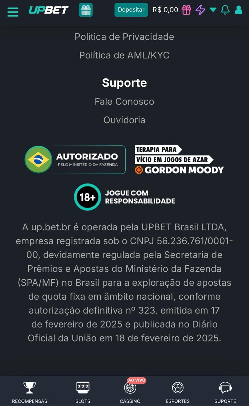 Captura de tela da Upbet, uma casa de apostas com freebets confiável.