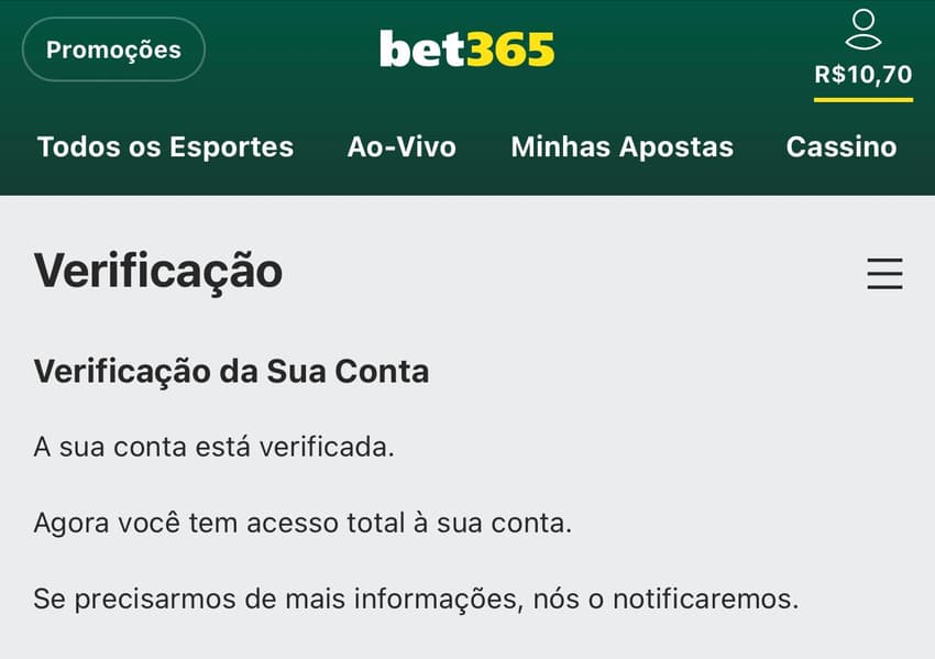 Captura da tela de verificação de conta na Bet365