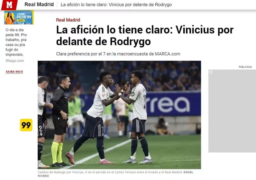 Votação popular feita pelo jornal espanhol "Marca" coloca Vini Jr à fente de Rodrygo no Real Madrid (Foto: Reprodução)