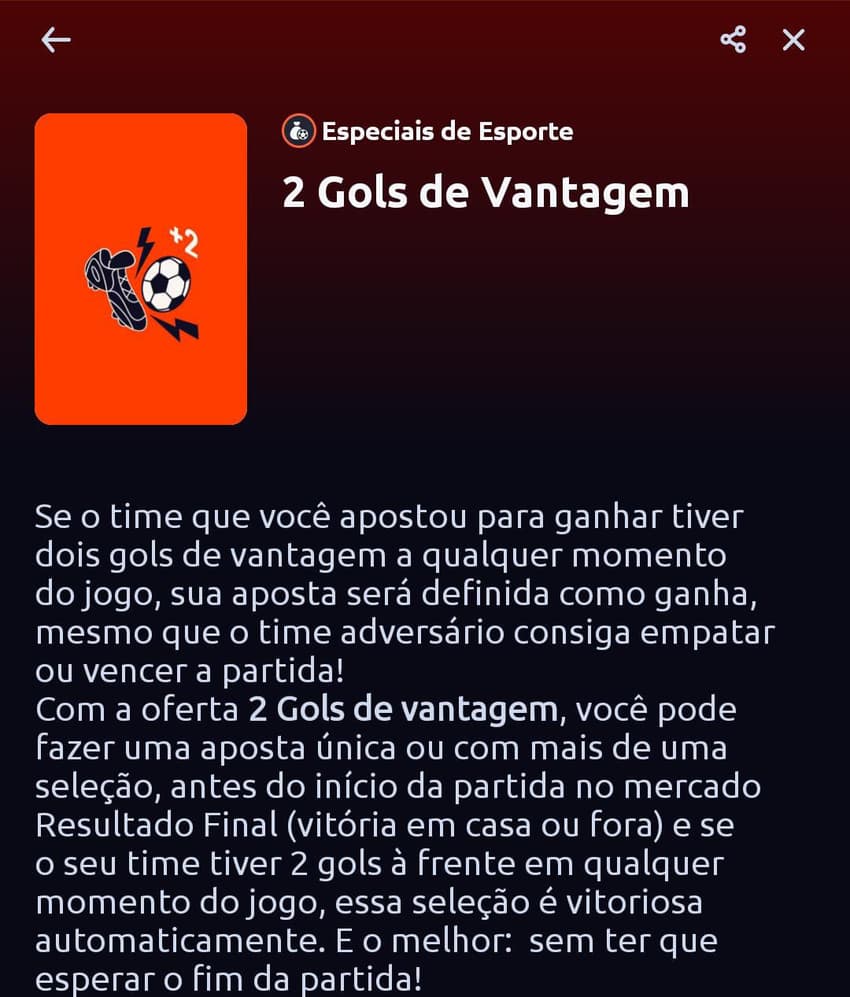 Captura de tela da vantagem especial de esporte 2 Gols de Vantagem com informações do funcionamento.