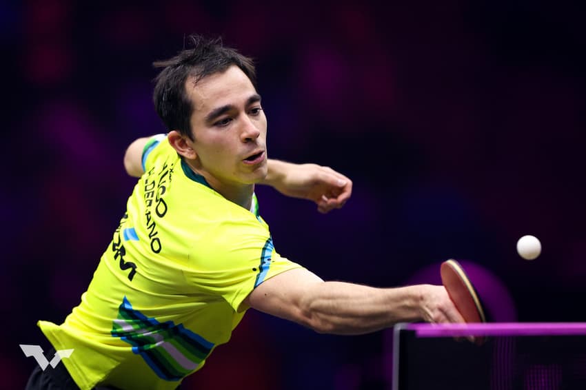 Hugo Calderano em treinamento para o WTT Champions.