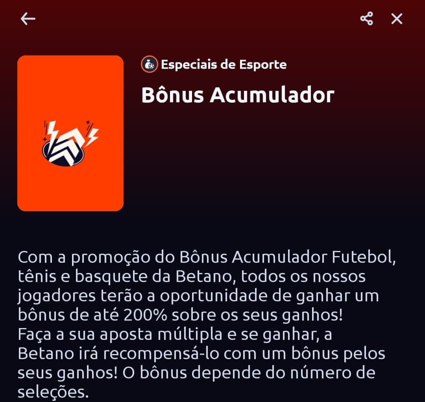 Captura de tela do funcionamento da oferta acumuladora de múltiplas na Betano.
