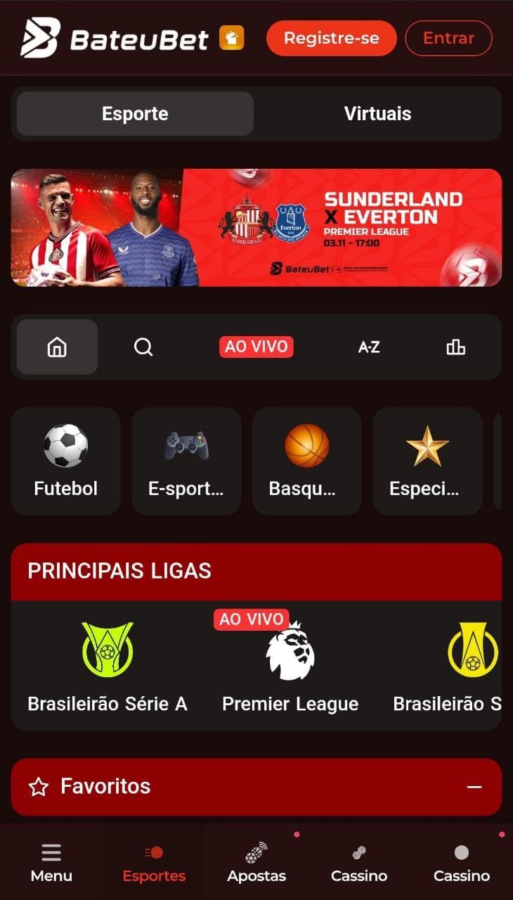 Site mobile Bateubet com interface adaptada e destaque para esportes.