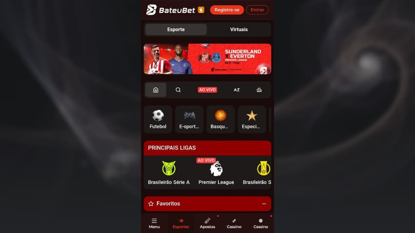 Site mobile Bateubet com interface adaptada e destaque para esportes