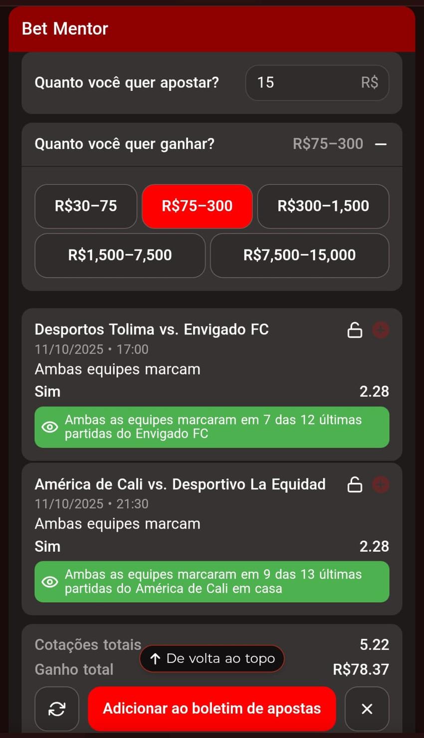 Captura de tela da ferramenta Bet Mentor da BateuBet apostas esportivas