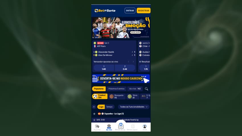 Seção de esportes na Bet da Sorte com as partidas do dia em destaque.