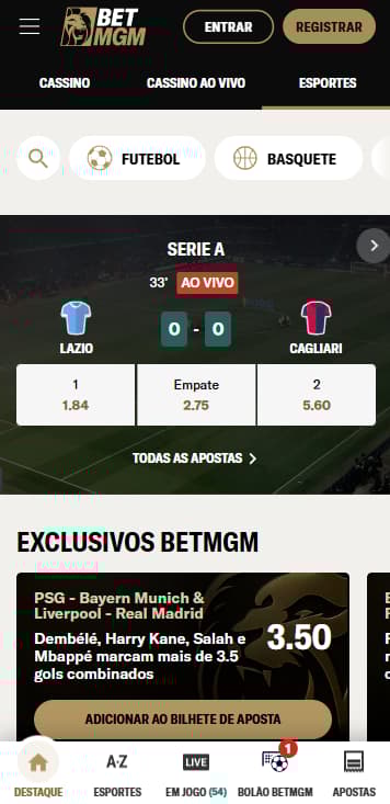Aplicativo BetMGM com destaque para partida da Serie A do Campeonato Italiano